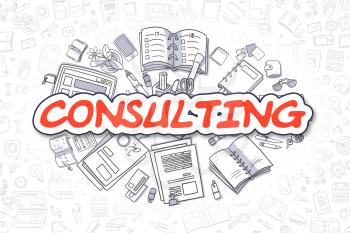 Cartoon Illustration of Consulting, Surrounded by Stationery. Business Concept for Web Banners, Printed Materials. 