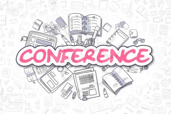 Business Illustration of Conference. Doodle Magenta Text Hand Drawn Cartoon Design Elements. Conference Concept. 