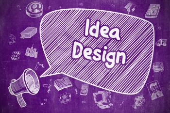 Speech Bubble with Phrase Idea Design Doodle. Illustration on Purple Chalkboard. Advertising Concept. Business Concept. Bullhorn with Phrase Idea Design. Doodle Illustration on Purple Chalkboard. 