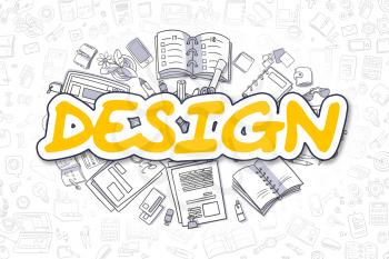 Yellow Text - Design. Business Concept with Cartoon Icons. Design - Hand Drawn Illustration for Web Banners and Printed Materials. 