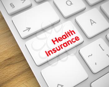 Service Concept: Health Insurance on Aluminum Keyboard lying on the Wood Background. Health Insurance Written on the White Keypad of Modern Keyboard. 3D Render.