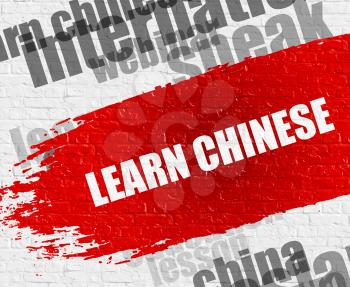 Education Service Concept: Learn Chinese - on the White Brickwall with Word Cloud Around. Modern Illustration. Learn Chinese Modern Style Illustration on the Red Brush Stroke. 