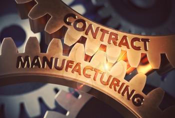 Contract Manufacturing on Mechanism of Golden Metallic Gears with Glow Effect. Contract Manufacturing - Illustration with Lens Flare. 3D Rendering.