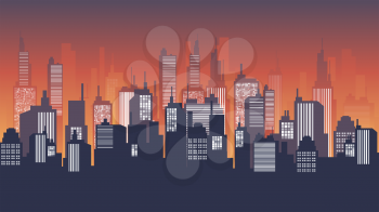 Cityscape Background at Dusk, Downtown, Mall and Apartment Building. Vector Cityscape illustration.