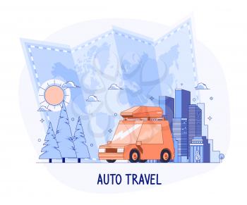 Planning Summer Vacations, World Travel By Car, Summer Holiday, Tourism And Vacation Theme. Family Trip. People Travelling or Road Trip Concept. Vector in Flat Design Style.