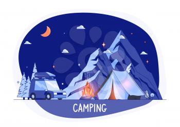 Car on Rocky Mountains Silhouette, Night Landscape. Campsite Place with Auto in Flat Design. Summer Camp Place with Tourist Tent Vector illustration. National Park Area Auto Travel Campground.