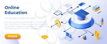 ONLINE EDUCATION - Isometric Design in Trendy Colors Isometrical Icons on Blue Background. Banner Layout Template for Website Development