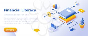 FINANCIAL LITERACY - Isometric Design in Trendy Colors Isometrical Icons on Blue Background. Banner Layout Template for Website Development