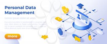 PERSONAL DATA MANAGEMENT - Isometric Design in Trendy Colors Isometrical Icons on Blue Background. Banner Layout Template for Website Development