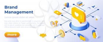 BRAND MANAGEMENT - Isometric Design in Trendy Colors Isometrical Icons on Blue Background. Banner Layout Template for Website Development