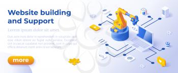 Website Building and Support - Isometric Design in Trendy Colors Isometrical Icons on Blue Background. Banner Layout Template for Website Development