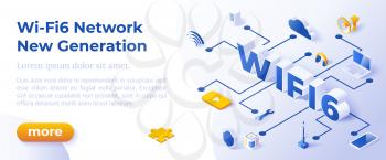 Wi-Fi 6 Telecommunications New Generation Network Connectivity in Networking - Isometric Design in Trendy Colors Isometrical Icons on Blue Background. Banner Layout Template for Website Development