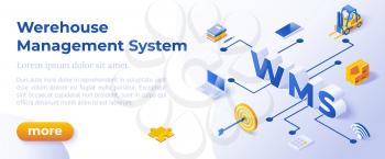 WMS, Werehouse Management System - Isometric Design in Trendy Colors Isometrical Icons on Blue Background. Banner Layout Template for Website Development