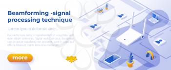 BEAMFORMING is a Signal Processing Technique - Isometric Design in Trendy Colors Isometrical Icons on Blue Background. Banner Layout Template for Website Development. Smart Home Concept.