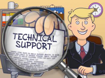 Technical Support. Businessman Shows Text on Paper through Magnifying Glass. Colored Doodle Style Illustration.