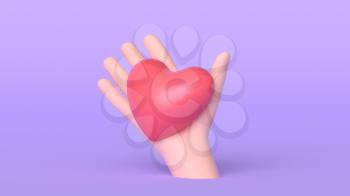 3D Cartoon Hand Holding Heart isolated on Purple Background, Hand with Red Heart Mockup. 3D Render illustration. Love Concept.