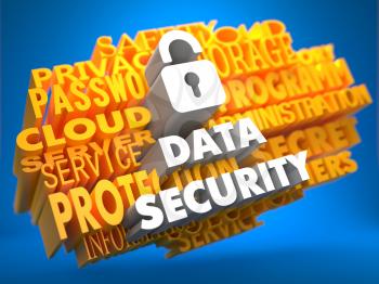 Data Security with Icon of Opened Padlock - White Color Text on Yellow WordCloud on Blue Background.