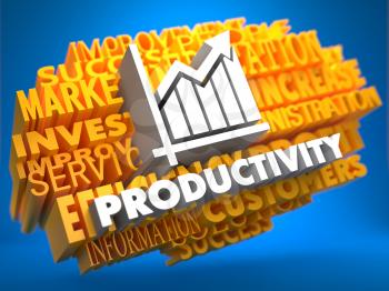 Productivity with Growth Chart - White Color Text on Yellow WordCloud on Blue Background.