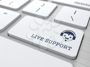 Live Support Concept. Boy with Headset Icon on White Keyboard Button.