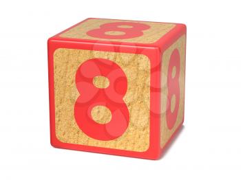 Number 8 on Red Wooden Childrens Alphabet Block Isolated on White. Educational Concept.