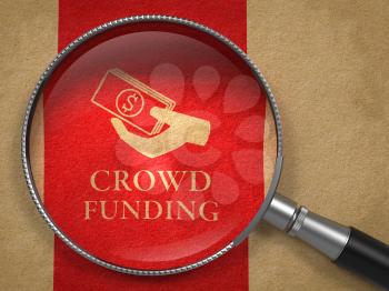 Crowd Funding Concept. Magnifying Glass with  Icon of Money in the Hand on Old Paper with Red Vertical Line Background.