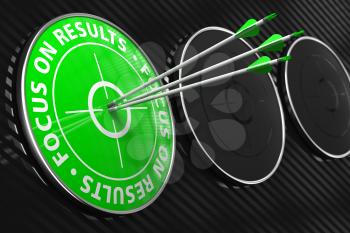 Focus on Results Slogan. Three Arrows Hitting the Center of Green Target on Black Background.
