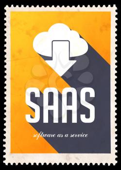 SAAS - Software as a Service - on yellow background. Vintage Concept in Flat Design with Long Shadows.