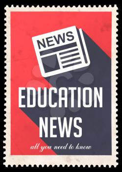 Education News on Red Background. Vintage Concept in Flat Design with Long Shadows.