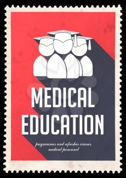 Medical Education on Red Background. Vintage Concept in Flat Design with Long Shadows.