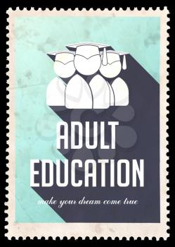 Adult Education on Light Blue Background. Vintage Concept in Flat Design with Long Shadows.