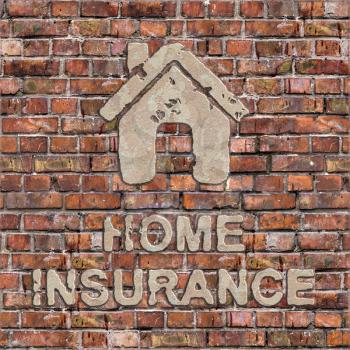 Home Insurance Plaster Inscription with Home Icon on the Brown Brick Wall.