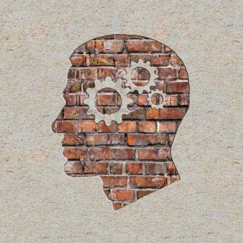 Psychological Concept - Profile of Head with Cogwheel Gear Mechanism on the Brick and Plastered Wall.