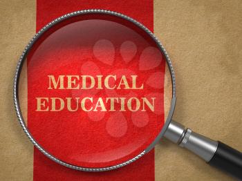 Medical Education concept. Magnifying Glass on Old Paper with Red Vertical Line Background.