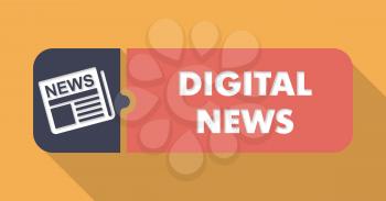 Digital News Button in Flat Design with Long Shadows on Orange Background.
