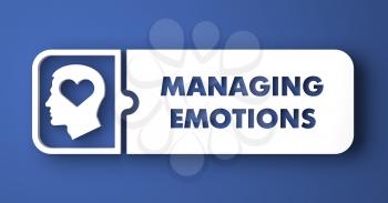 Managing Emotions Concept. White Button on Blue Background in Flat Design Style.