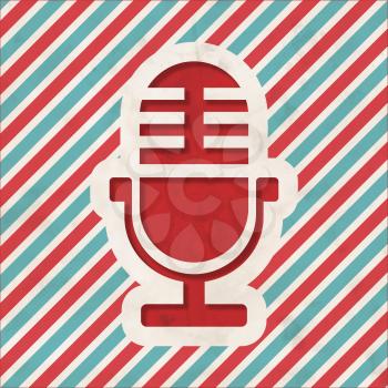 Microphone Icon on Red and Blue Striped Background. Vintage Concept in Flat Design.