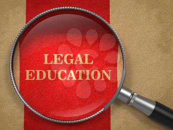 Legal Education Concept. Magnifying Glass on Old Paper with Red Vertical Line Background.