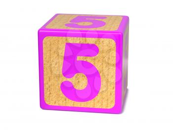 Number 5 on Pink Wooden Childrens Alphabet Block Isolated on White. Educational Concept.