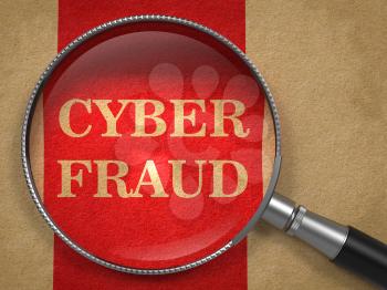 Cyber Fraud Through Magnifying Glass on Old Paper with Red Vertical Line Background.
