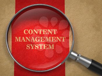 Content Management System Through Magnifying Glass on Old Paper with Red Vertical Line Background.