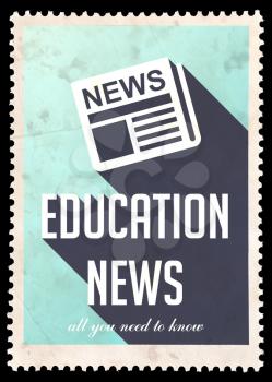 Education News on Blue Background. Vintage Concept in Flat Design with Long Shadows.
