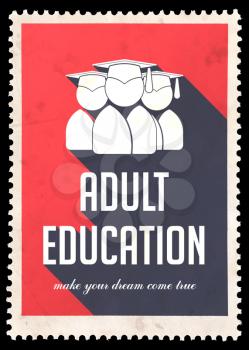 Adult Education on Red Background. Vintage Concept in Flat Design with Long Shadows.