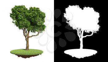 Green Tree on Green Grass with Detail Raster Mask Isolated on White.