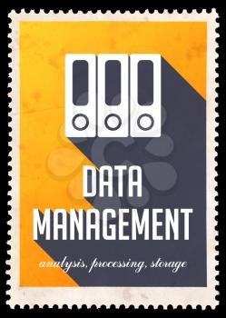 Data Management on Yellow Background. Vintage Concept in Flat Design with Long Shadows.