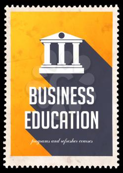 Business Education on Yellow Background with Icon of Building with Columns. Vintage Concept in Flat Design with Long Shadows.