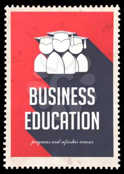 Business Education on Red Background with Icon of Graduates. Vintage Concept in Flat Design with Long Shadows.