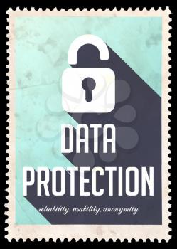 Data Protection on Blue Background. Vintage Concept in Flat Design with Long Shadows.