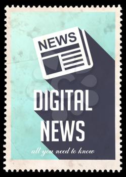 Digital News on Blue Background. Vintage Concept in Flat Design with Long Shadows.