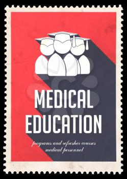 Medical Education on Red Background. Vintage Concept in Flat Design with Long Shadows.