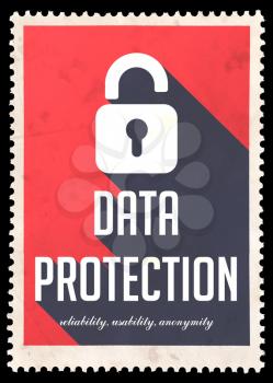 Data Protection on Red Background. Vintage Concept in Flat Design with Long Shadows.